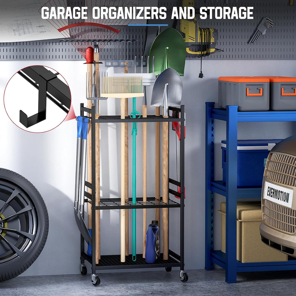 DAOUTIME Garden Organizer With Wheels, Yard Tower Rack for Garage Storage, Up to 35 Long-Handled Tools, Sturdy Metal