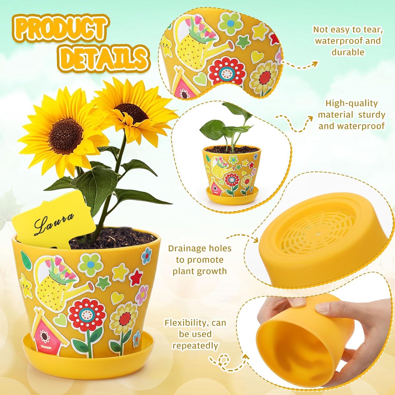 Capoda 24 Sets Garden Flower Pots Crafts Kit DIY Spring Plastic Seedling Nursery Pots with Stickers Plant Labels Growth