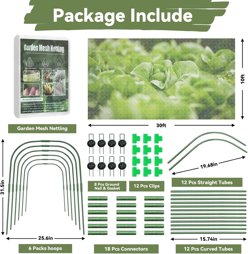 Garden Mesh Netting Kit for Raised Beds, 10 * 30 FT Ultra Fine Plant Netting Covers with 6 Pcs Wide Garden Hoops & 12