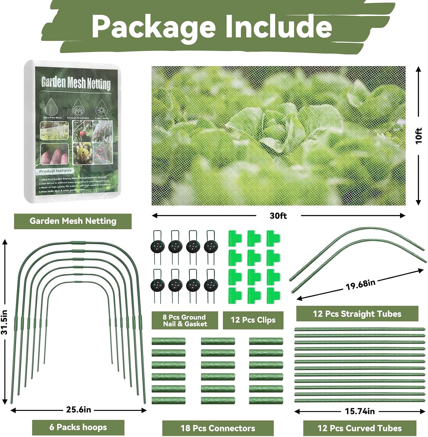 Garden Mesh Netting Kit for Raised Beds, 10 * 30 FT Ultra Fine Plant Netting Covers with 6 Pcs Wide Garden Hoops & 12