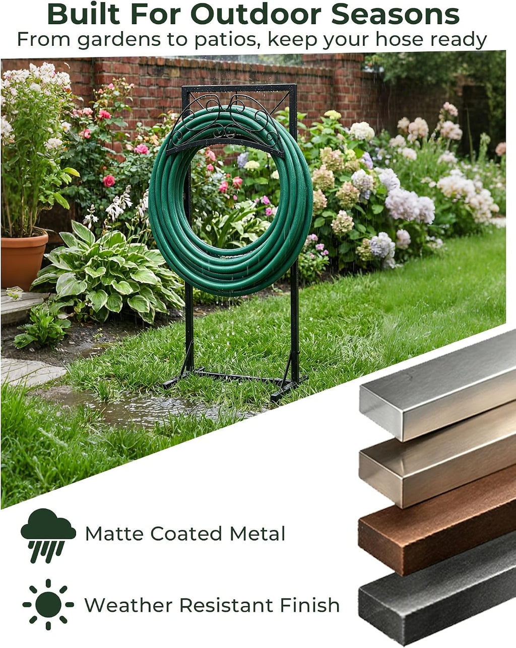 Garden Hose Holder Stand, Heavy Duty Freestanding Metal Rack | Reinforced Triangle Support, Dual Ground Stakes &