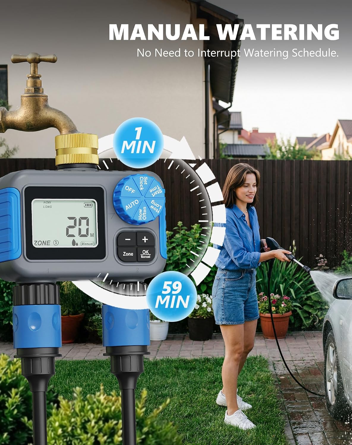Sprinkler Timer with Brass Swivel, Hose Timers for Watering | Digital Irrigation Timer with Rain Delay & Manual Mode