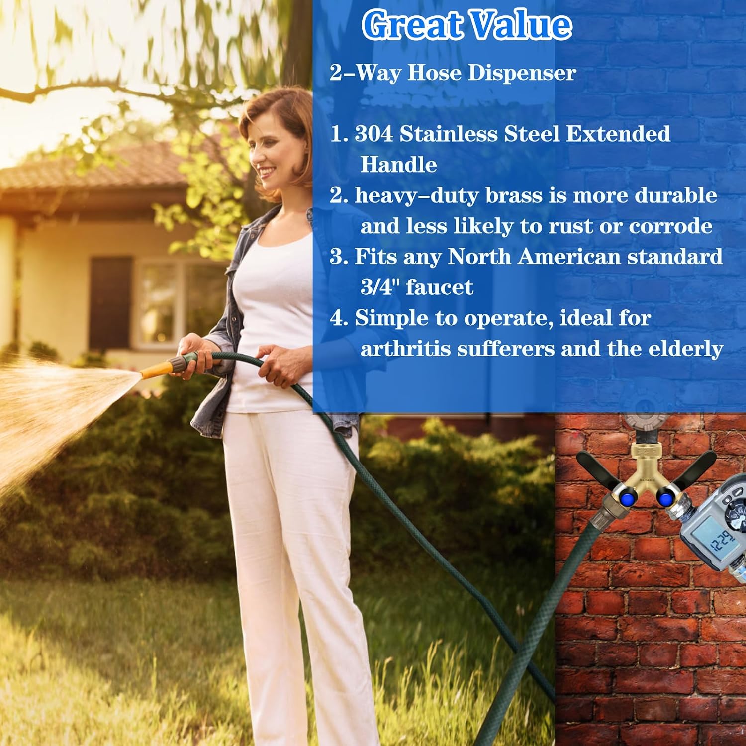 Brass Garden Hose Splitter, Hose y Splitter with Shutoff, Hose Splitter 2 Way Heavy Duty, Brass Y-Valve Water Garden