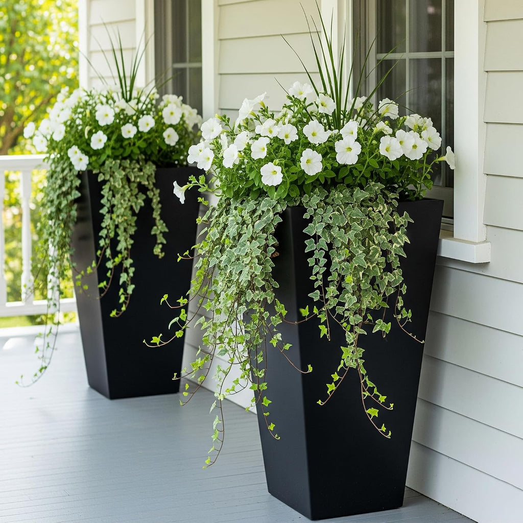Worth Garden Large 28 in.Tall Planters Set of 2 for Indoor and Outdoor, Heavy Duty Plastic Black Modern Taper Flower