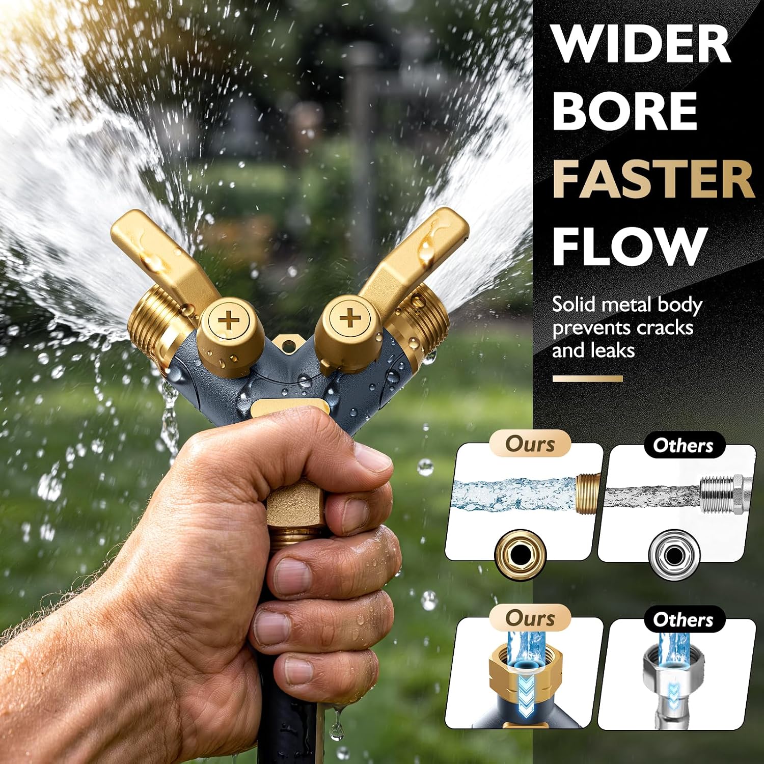 Garden Hose Splitter 2 Way Heavy Duty, Water Hose Bib Splitter with Shutoff Valves, Full Metal Body Y Hose Connector