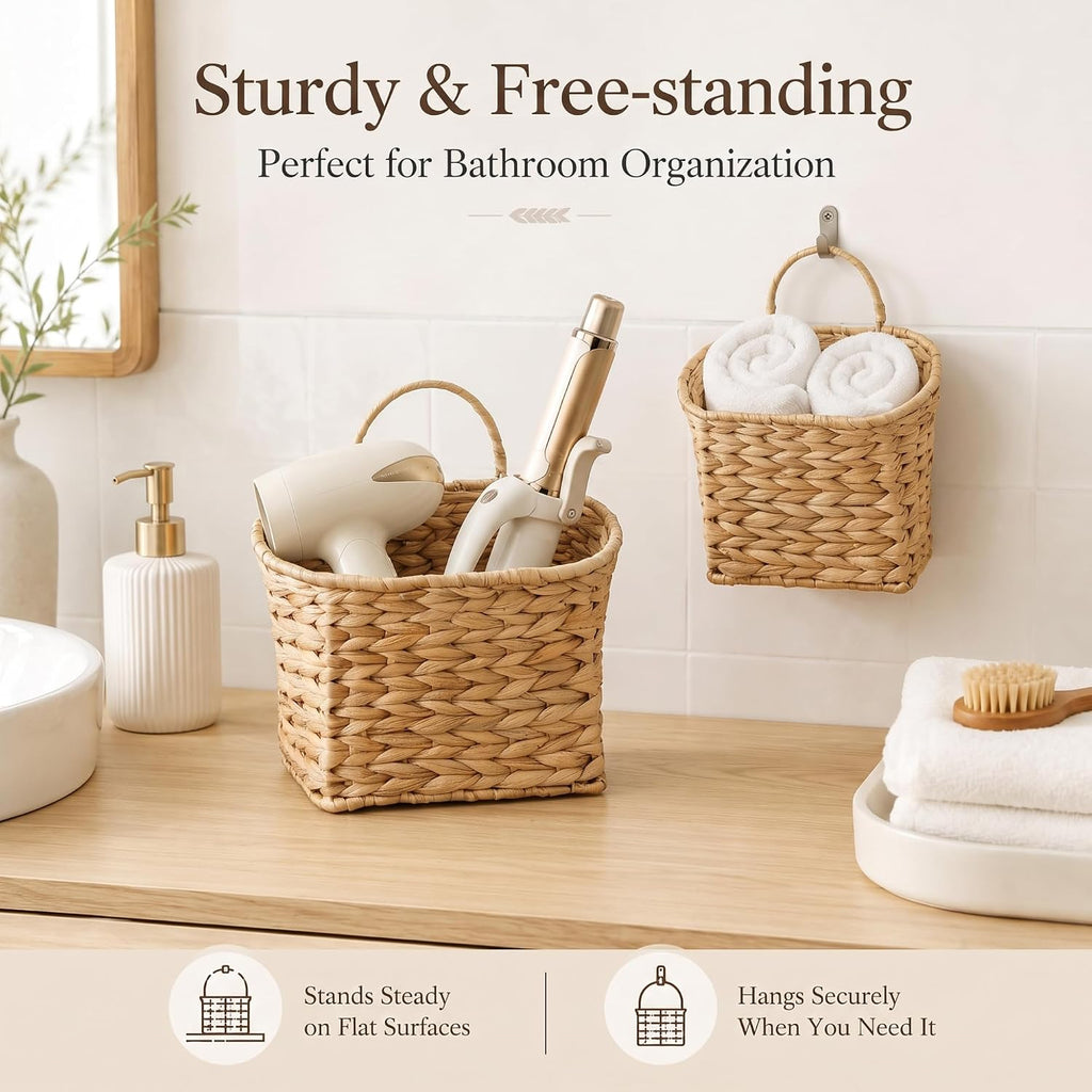 Coeusy Set of 2 Hanging Basket, Wicker Wall Basket for Door,Mail,Flower,Planters, Natural Water Hyacinth Storage Basket
