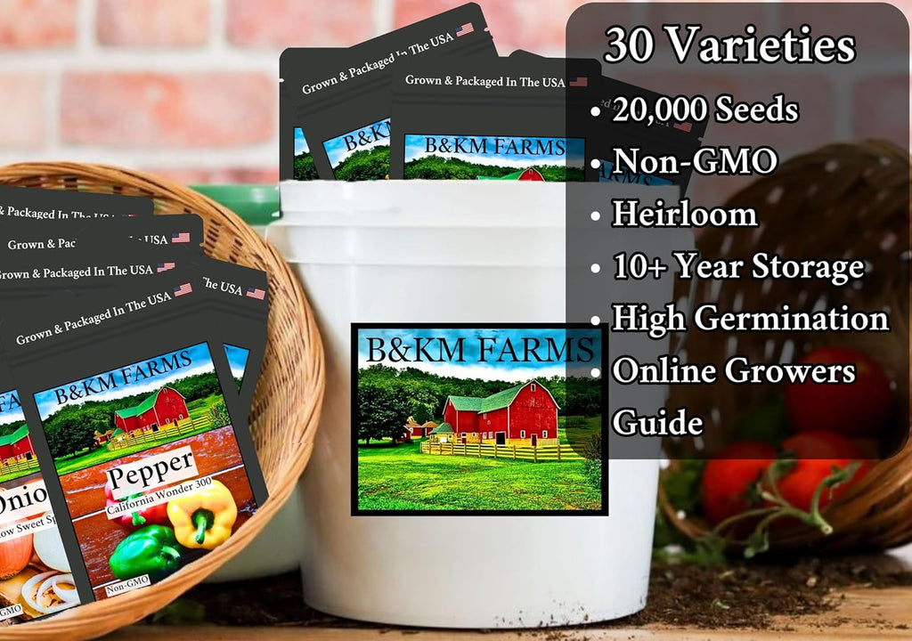 B&KM Farms 22,000+ Non-GMO Heirloom Seed Kit-30 Fruit & Vegetable Variety | Features 5+ year supply of 30 individual