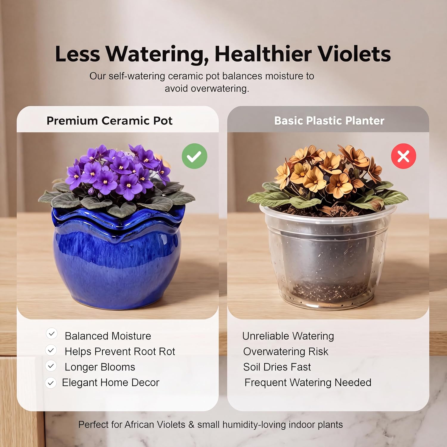 Ceramic Self-Watering African Violet Pots for Indoor Plants | 6.5 inch, Falling Blue, reactive glaze, self-watering
