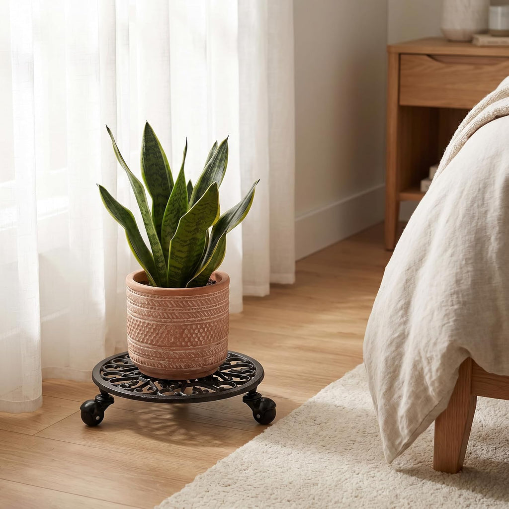 Fasmov Plant Caddy Cast Iron Plant Stand Plant Pallet Caddy Plant Pot with Heavy Duty Wheels Indoor Outdoor Planter