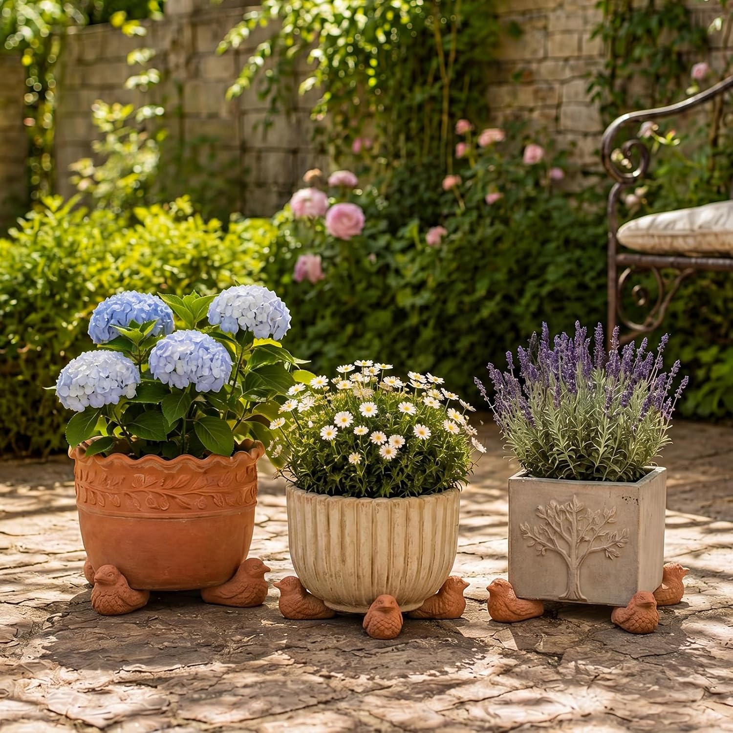 LemonRoad 12 Set Bird Pot Feet for Outdoor Planters, Terra Cotta Cement | 2" H, Animal Plant Pot Risers for 14"-20"