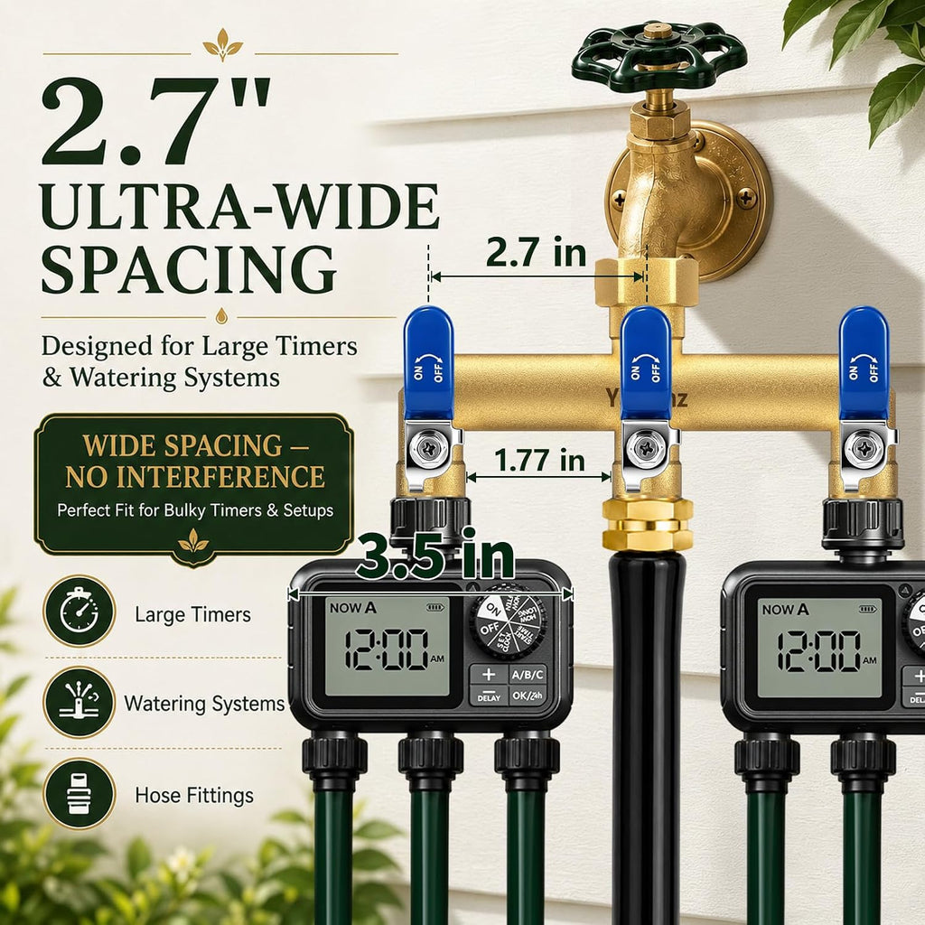 3 Way Garden Hose Splitter, 3/4" GHT Brass Hose Splitter | Wide Spacing Fits Large Timers, 90° Downward Outlets, 3/4"