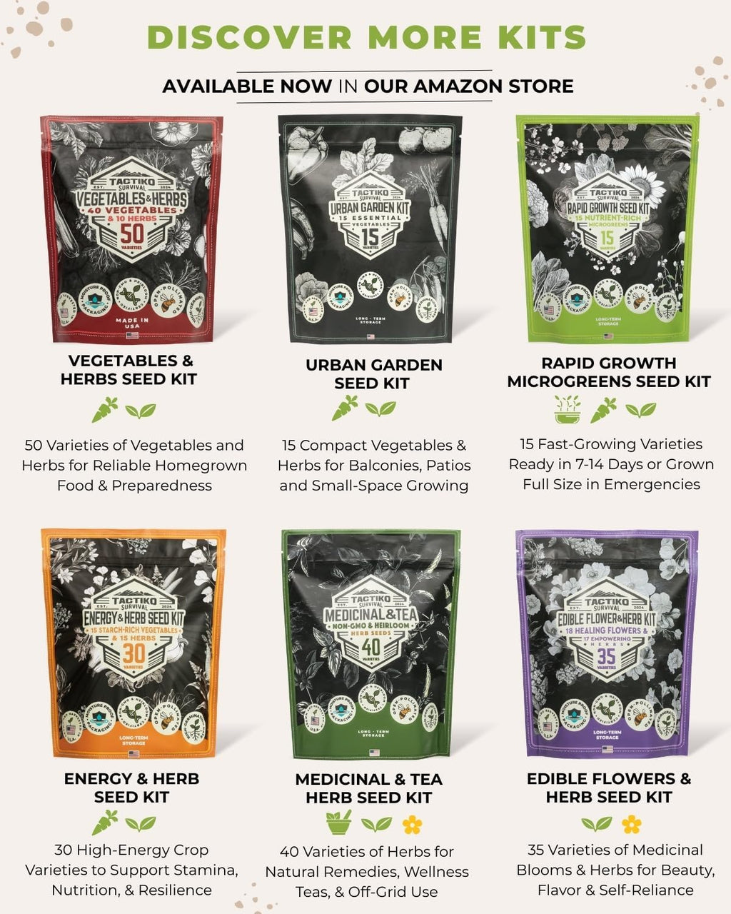 Tactiko Vegetable, Herb & Edible Flower Seeds Kit | 60 Varieties - Non-GMO