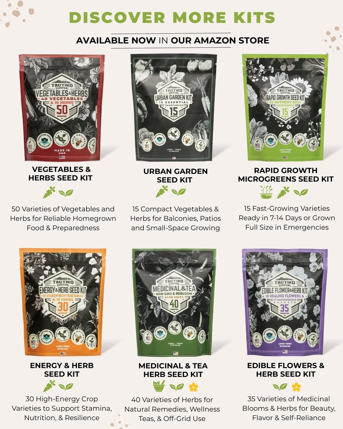 Tactiko Vegetable, Herb & Edible Flower Seeds Kit | 60 Varieties - Non-GMO