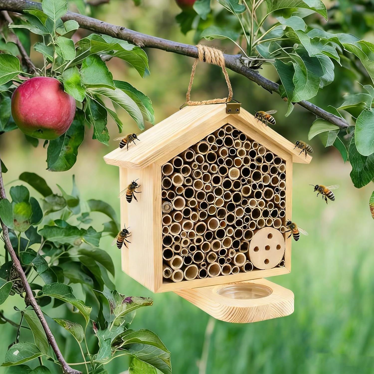 Mason Bee House with Feeding Trays, Natural Pine Wood Hanging Bee Hive | Insect Hotel for Garden Backyard, Outdoor