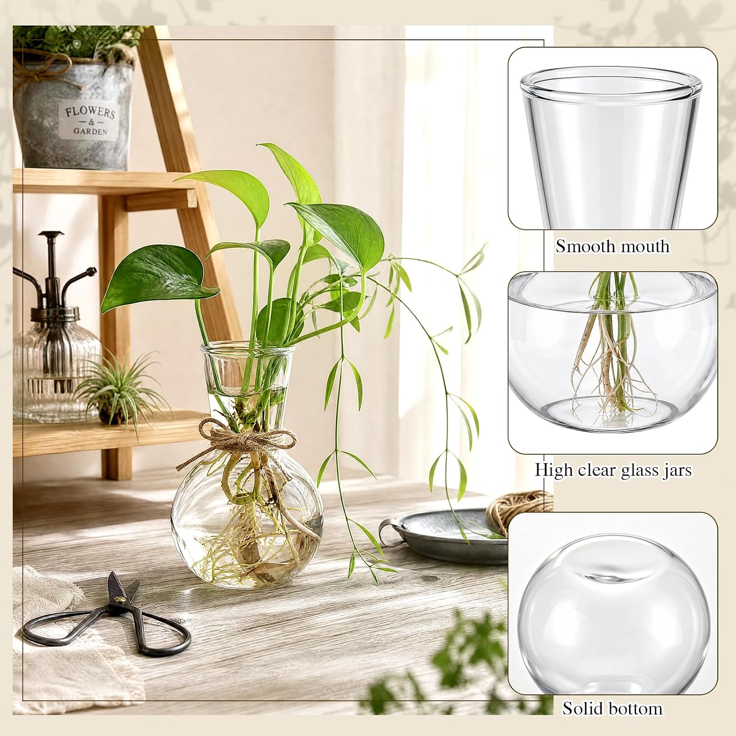 10 Pack Glass Plant Propagation Stations, Plant Terrarium Bulb Glass Propagation Vases with Hemp Rope, Clear