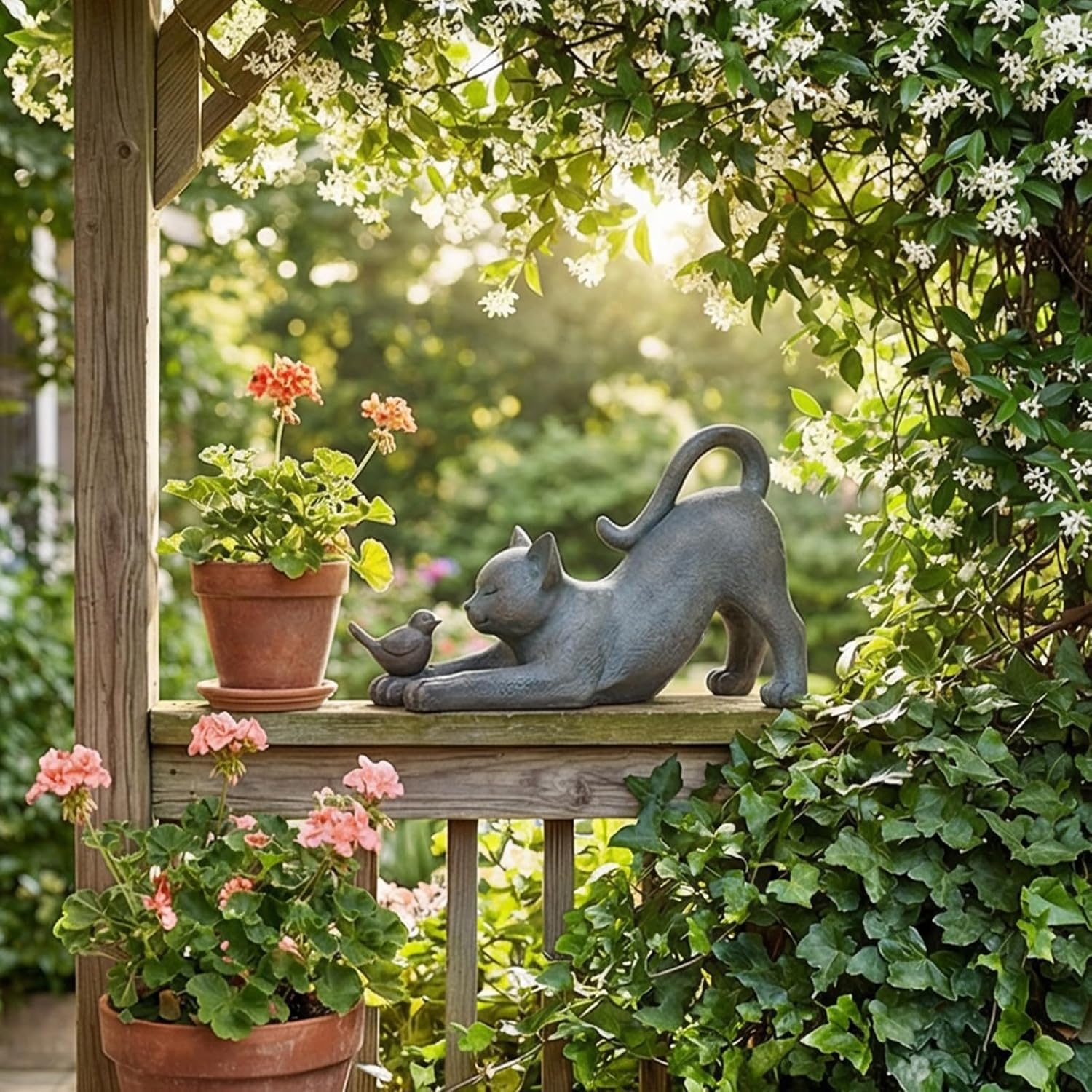 Cat Garden Statues Outdoor Cat-Figurines - Home Garden Decor 16 x 6 x 9.5 inch Resin Cats & Bird Playing Sculpture