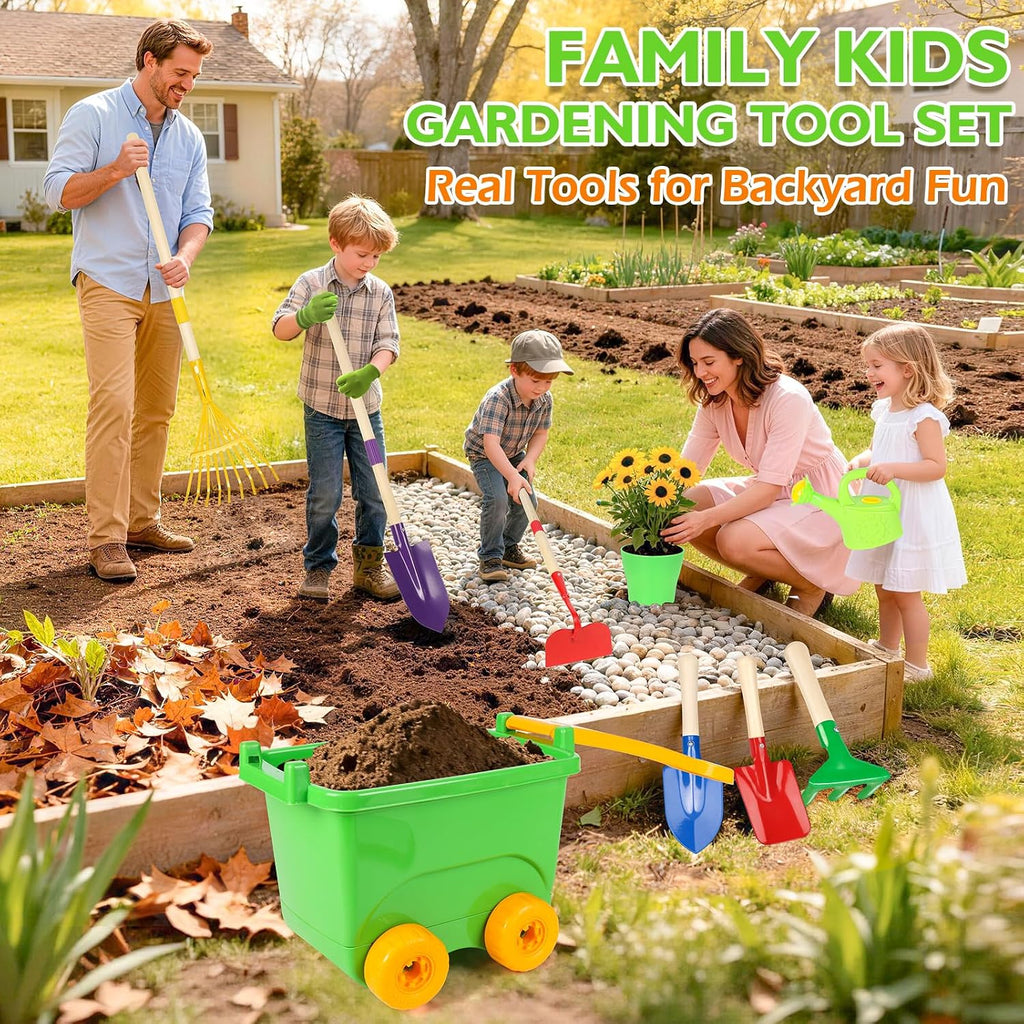 FHOZGECY Kids Gardening Set with Wheelbarrow and Metal Tools for Ages 3-8 | Dual-Size Metal Garden Tools, Apron