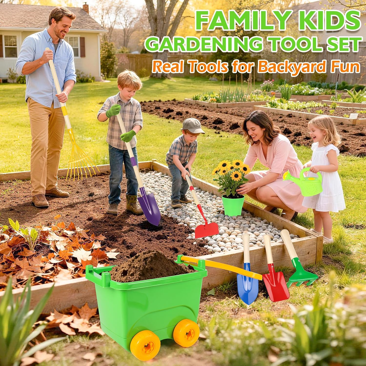 FHOZGECY Kids Gardening Set with Wheelbarrow and Metal Tools for Ages 3-8 | Dual-Size Metal Garden Tools, Apron