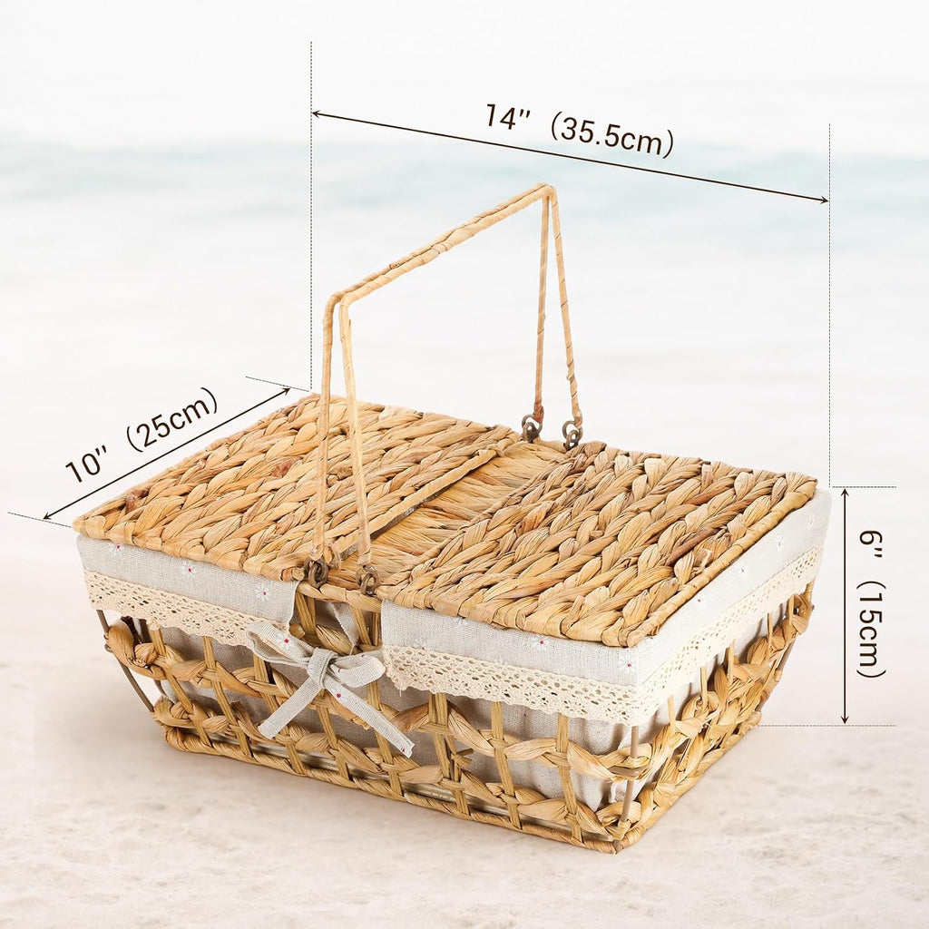 LemonRoad Wicker Picnic Basket with Handle & Lid, 14" Water Hyacinth & Seagrass Hand Woven Basket with Removable Liner