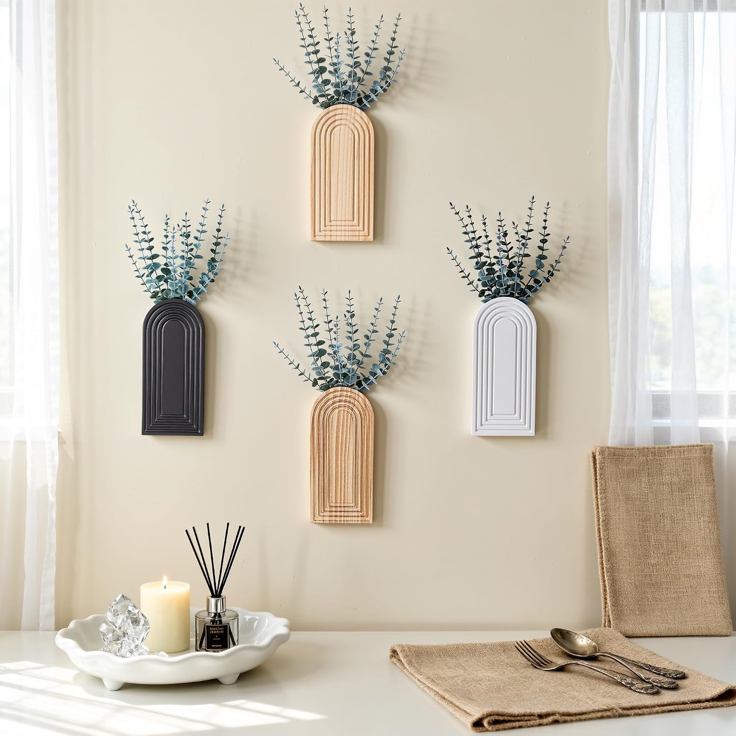 DREAMLOOM 2 Pack Wooden Wall Vases with Eucalyptus Artificial Plants, Wall Hanging Planters Boho Modern Farmhouse