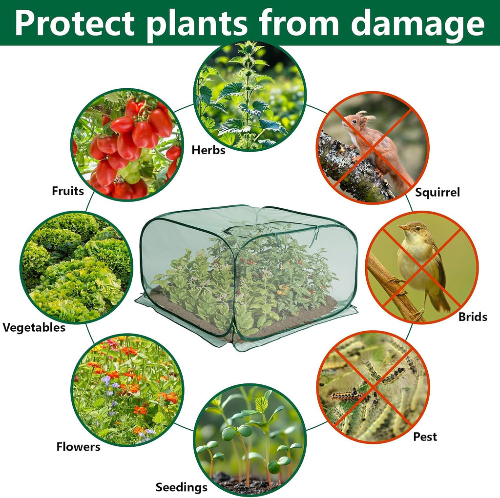 2 Pcs Pop Up Mesh Plant Cover, 35" x 35" x 27.5" Foldable Plant Protector Mesh Plant Enclosure, Garden Net Cage Guard