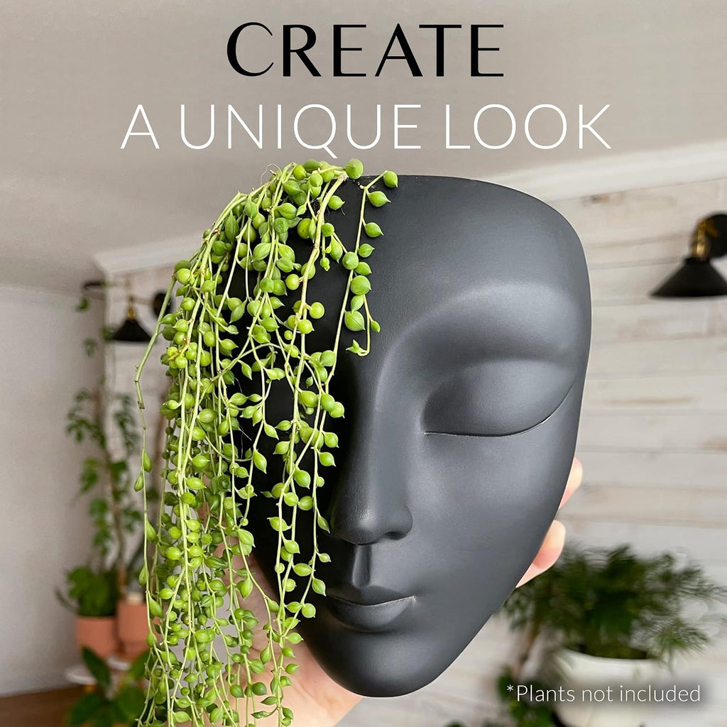 Face Planter, Wall-Mountable Vertical Planter with Drainage Hole, 6x5.25x3.5 inches, Concrete, Black, Modern Style