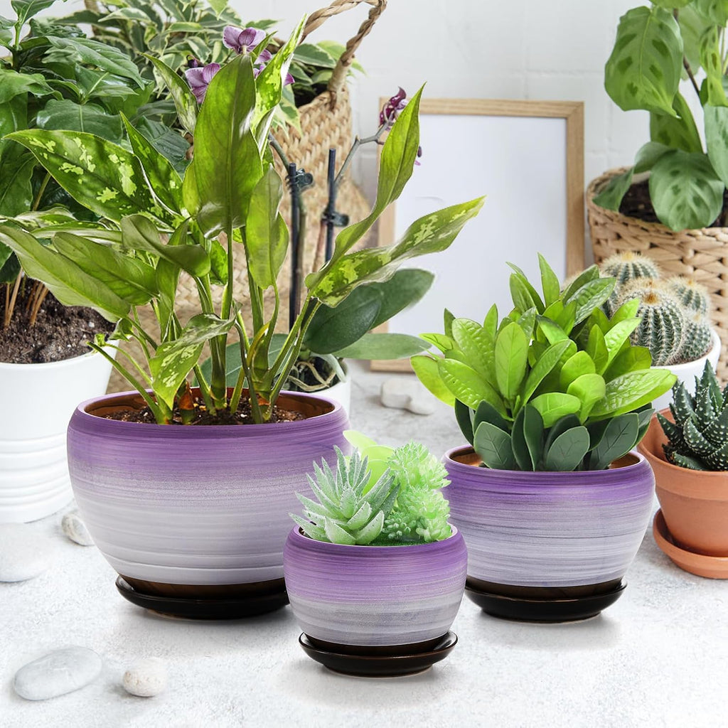 SOUJOY Set of 3 Ceramic Flower Pots, Gardening Plant Pot with Drainage Holes and Saucer, 7/5/4 inch Purple Round