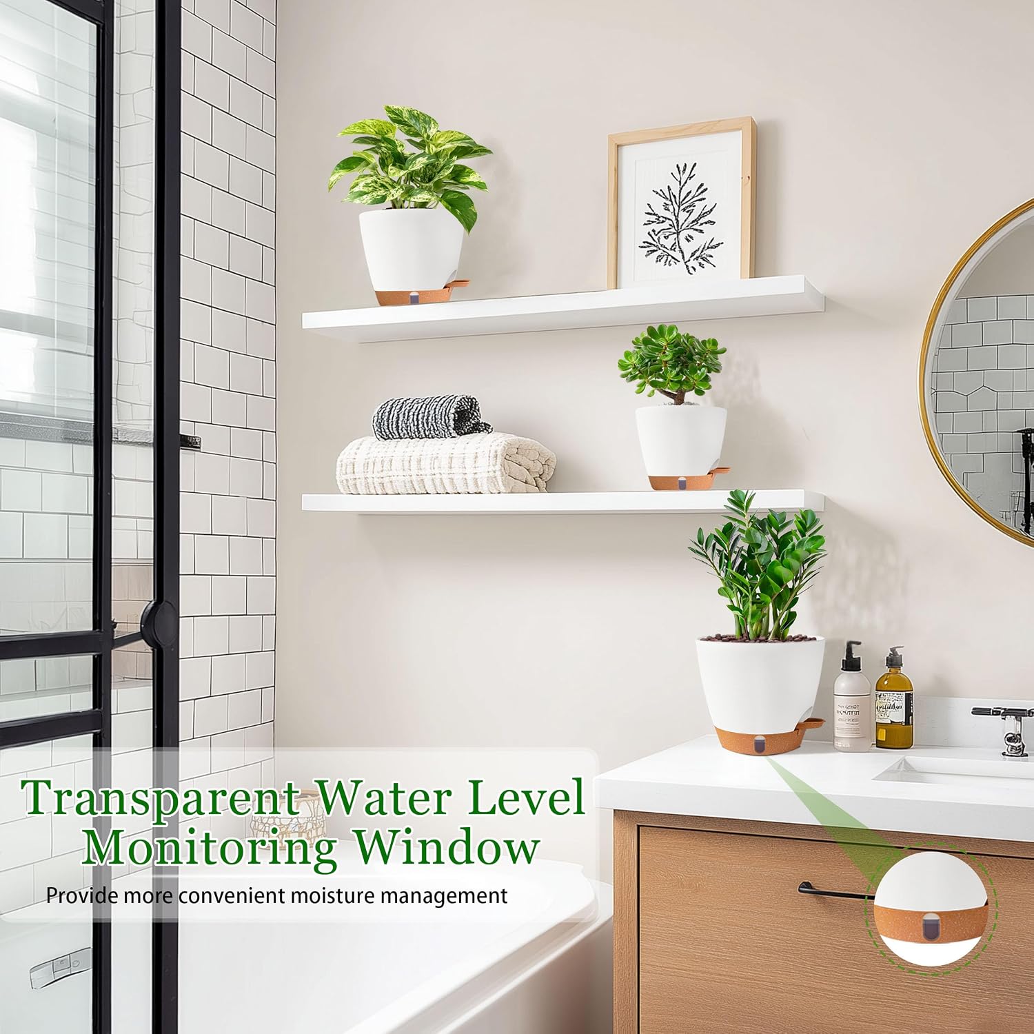 Self Watering Pots for Inoor Ourdoor Plants 8/7/6.5/6/5" Plastic Planters | Drainage Holes & Water Level Indicator
