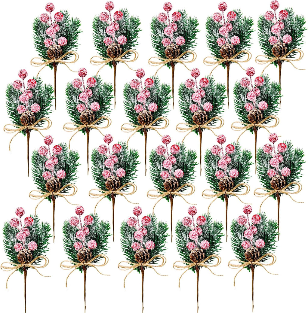 20 Pack Artificial Christmas Tree Picks Christmas Red Berries Stems Pine Branches Spray with Pinecones Holly Leaves for DIY Xmas Garland Wreath Ornaments Holiday Décor (Snowflake Berries)