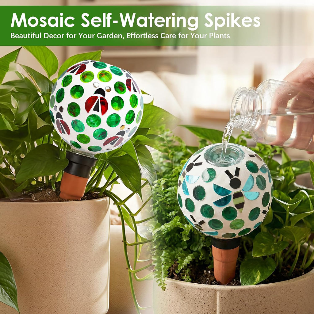 Plant Watering Globes Mosaic Self Watering Spikes 2 Pack | Indoor Outdoor Plants Automatic Terracotta Plant Waterer