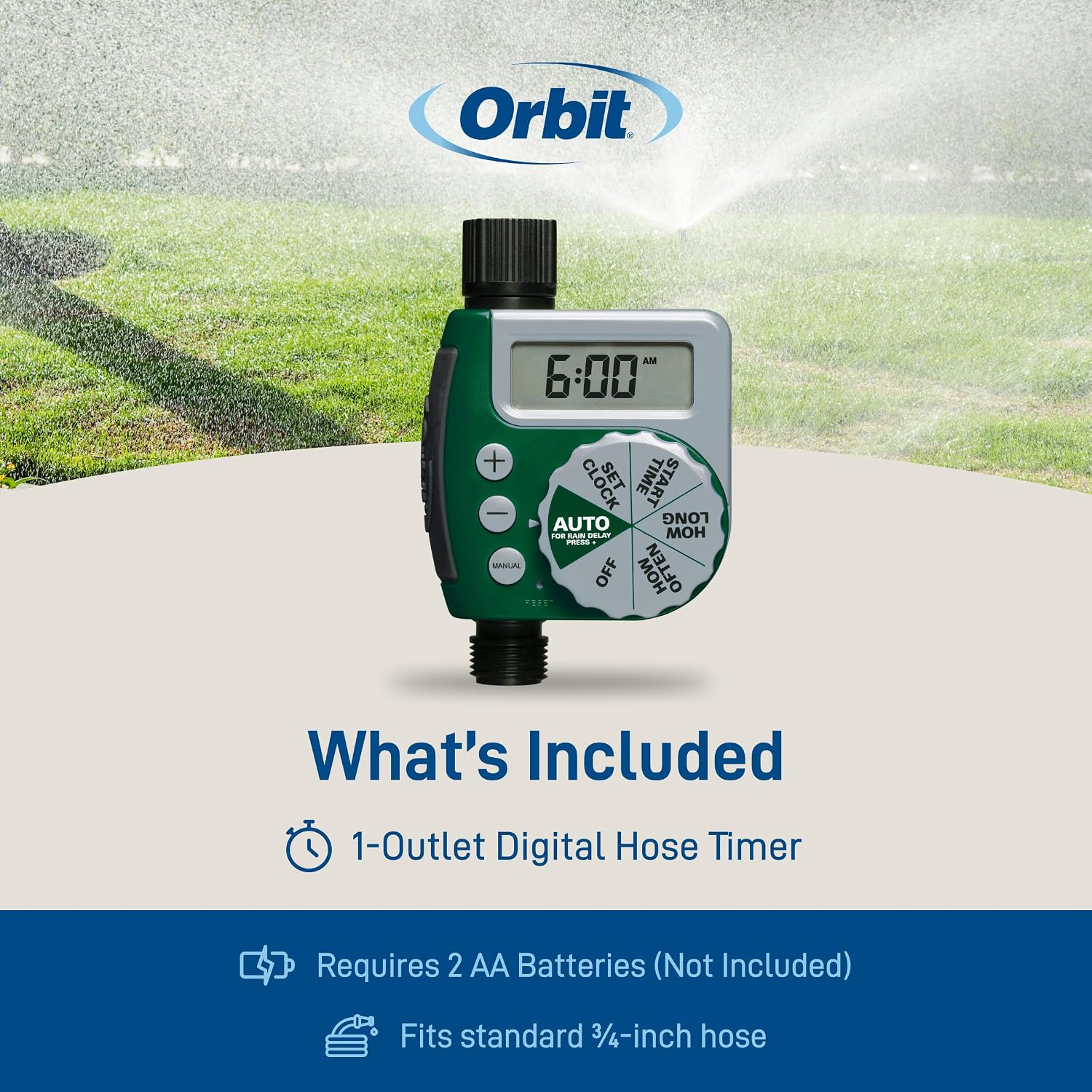 Orbit Programmable Digital Hose Watering Timer - 1 Outlet - Battery Powered - with LCD Screen - Built-in Rain Delay