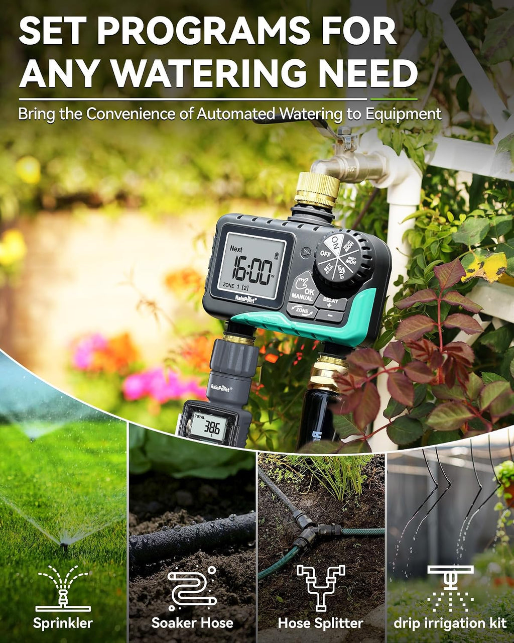 RAINPOINT 2 Zone Sprinkler Timer with Brass Inlet and Outlet - Water Timer for Garden Hose with Rain Delay/Manual