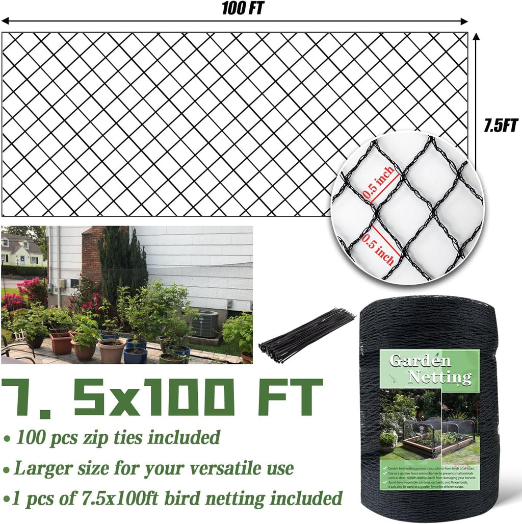 7.5 x 100 FT Bird Netting,1/2" Mesh Garden Netting,100PCS Zip Tie | Heavy Duty Bird Net Poultry Netting Fence for