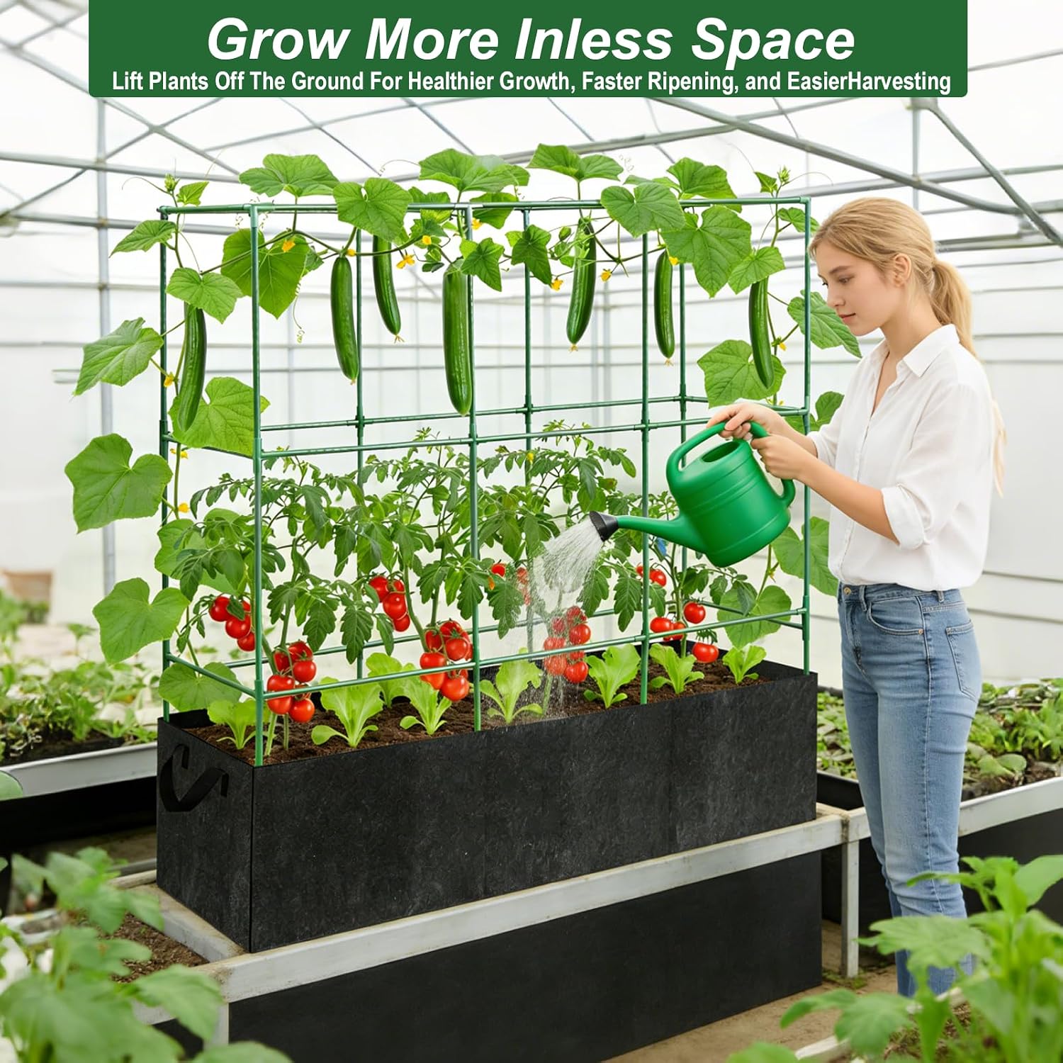 51x17x65Inch Tomato Cage for Garden - with 46 Gallon Grow Bags | Heavy-Duty Square Tomatoes Cages, Tomato Trellis