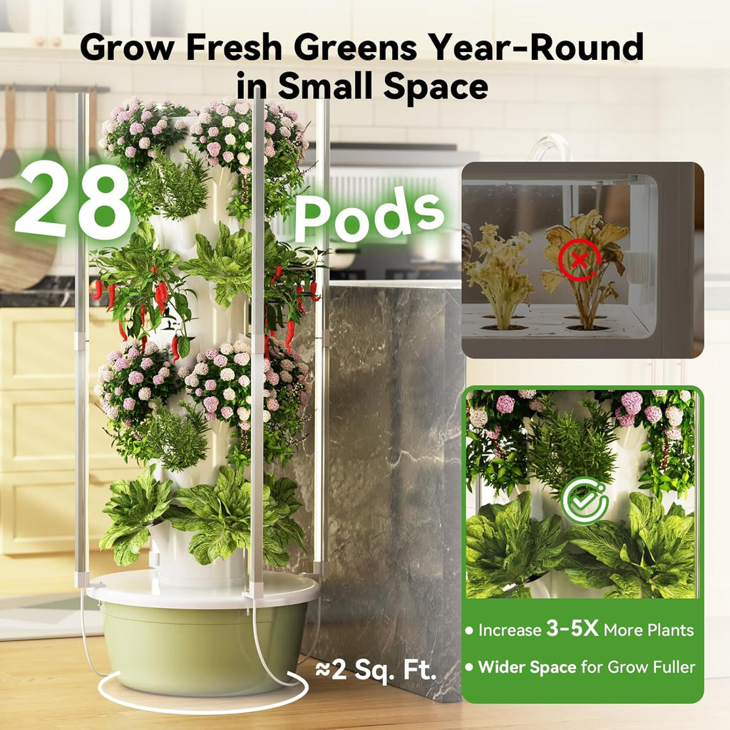 BAOSHISHAN Hydroponic Growing Tower with LED Grow Light, 7 Tiers 28 Pods | Full Spectrum Vertical Hydroponics Growing