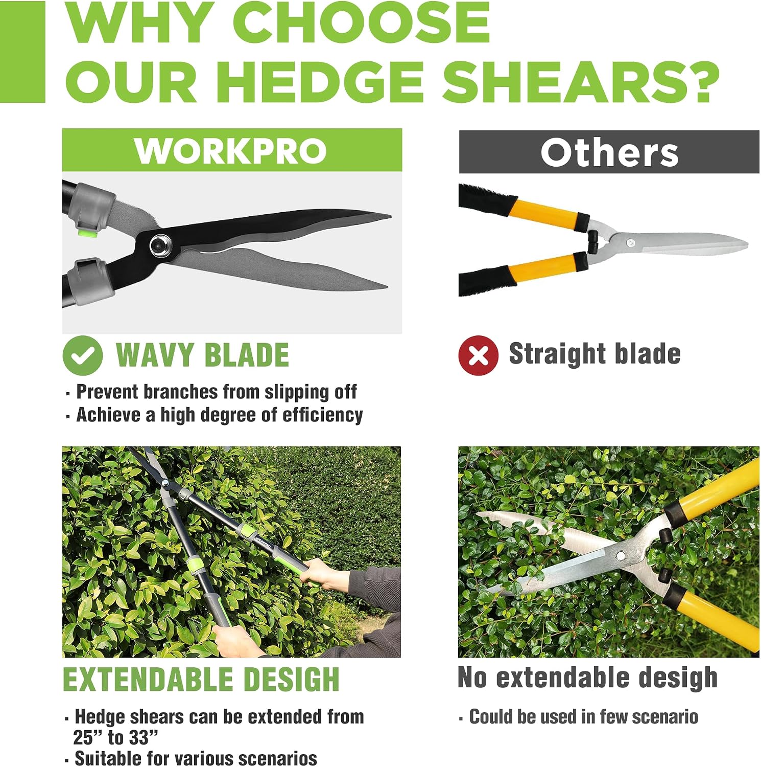 WORKPRO Extendable Hedge Shear, 25"-33" Manual Hedge Clipper/Bush Cutter | Gardening Shears, Steel Wavy Blade, Shock