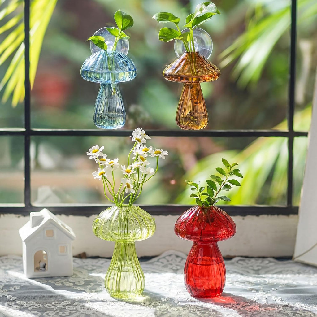 LemonRoad 8 Pcs Mushroom Window Propagation Stations with Suction Cups Cute Glass Wall Hanging Planter Holder Flower