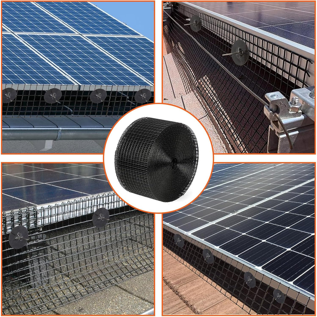 6in x 50ft Solar Panel Bird Guard & Critter Guard Mesh Kit, PVC Coated Wire Mesh Bird Wire with 60 Clips, 100 Cable