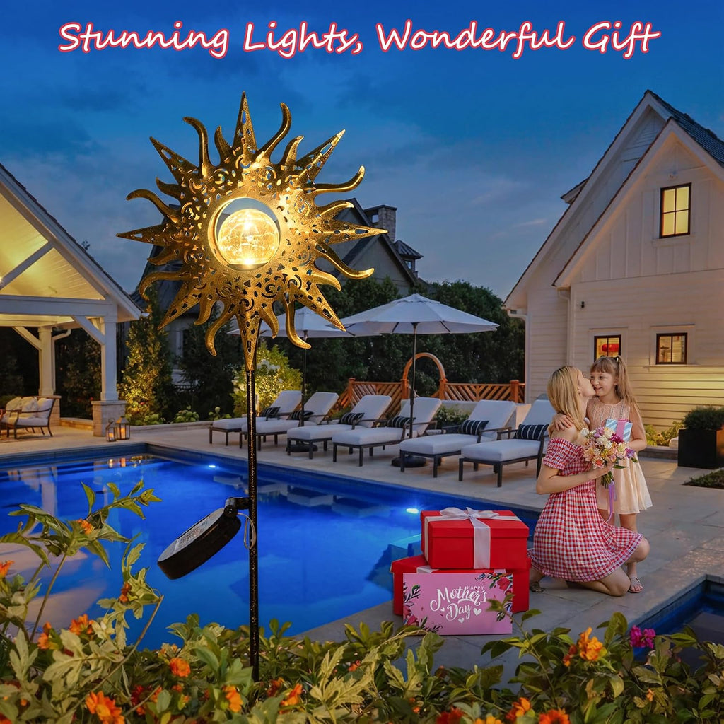 Large Sun Solar Garden Decor Lights Outdoor Garden Gifts Mom Dad, Crackle Glass Metal Stake Backyard Decor, Waterproof
