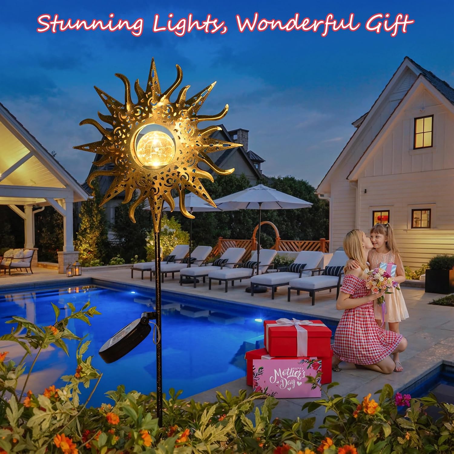 Large Sun Solar Garden Decor Lights Outdoor Garden Gifts Mom Dad, Crackle Glass Metal Stake Backyard Decor, Waterproof