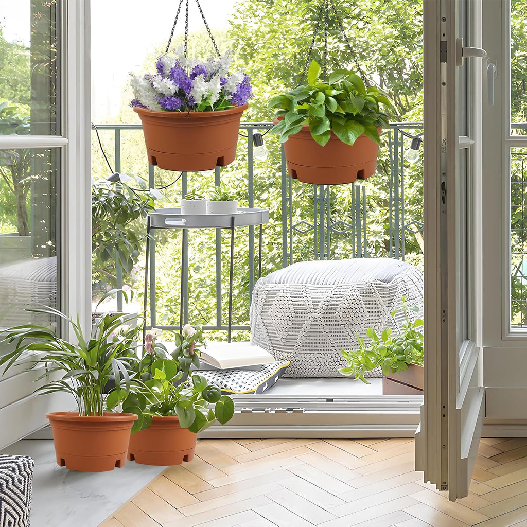 4 Pack 12 Inch Large Plastic Hanging Planters for Outdoor Plants | Plastic Hanging Basket Pots with Drainage Trays &