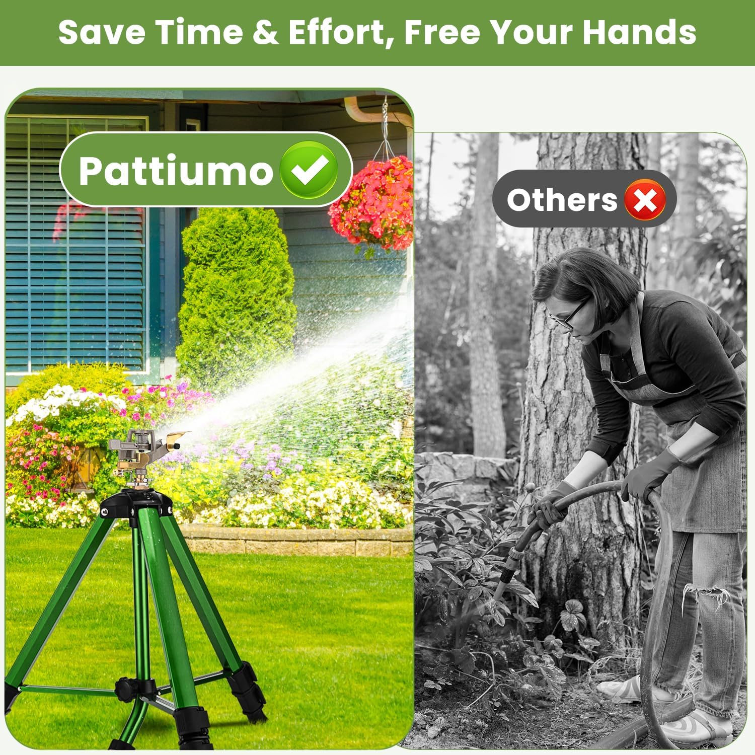 Pattiumo Sprinklers for Yard, 360° Tripod Sprinklers for Yard Large Area, 3/4" Connector Lawn Sprinkler, Adjustable