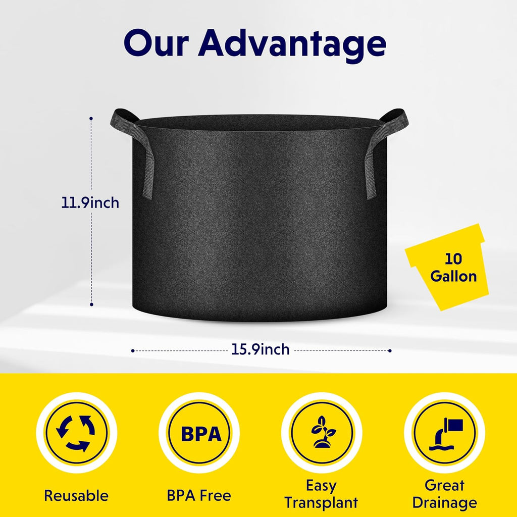iPower 5 Pack 10 Gallon Grow Bags, Garden Planting Nonwoven Fabric Pots with Reinforced Handle, Heavy Duty and Aeration