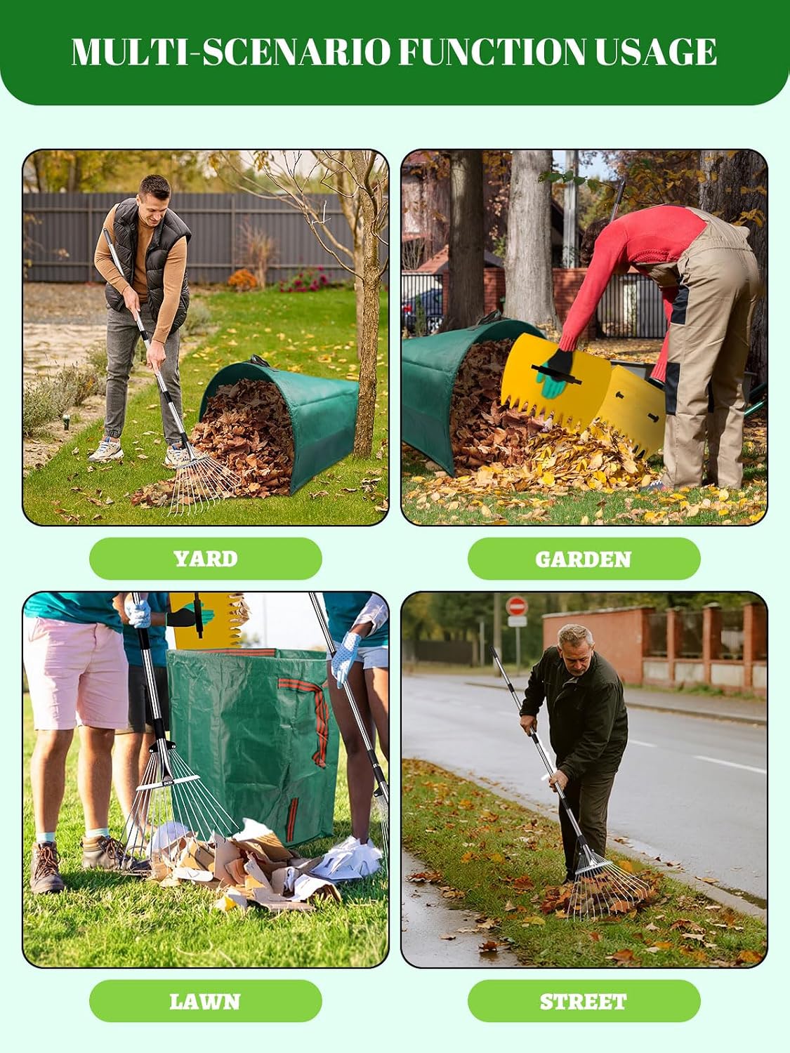 Adjustable Metal Leaf Rake Set Garden Rake for Leaves Long Handle 37"-63" Expandable Head Gardening Tools Set Includes