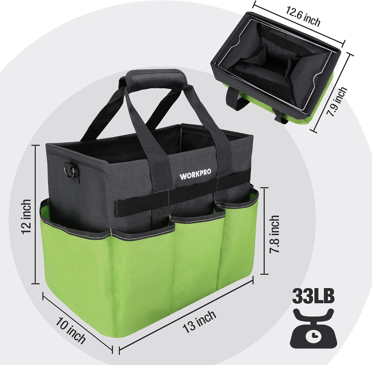 WORKPRO Garden Tool Bag, 10 Pockets and Shoulder Strap, Green | Heavy Duty Gardening Organizer Tote Bag, Standable