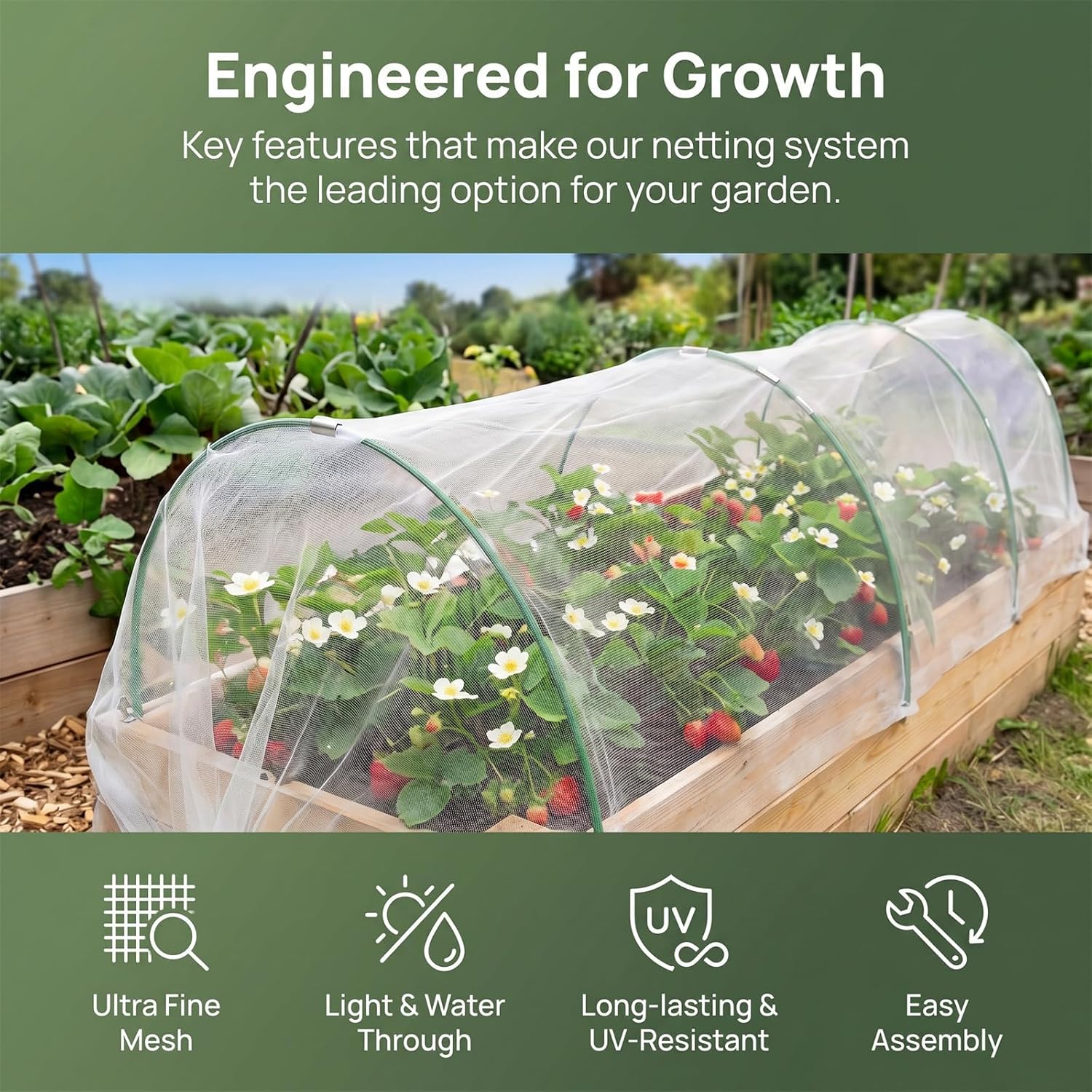 Garden Netting Kit for Raised Beds, 10x30FT Ultra Fine Mesh Netting & 5 Sets Garden Hoops with 18 Clips, Greenhouse Row