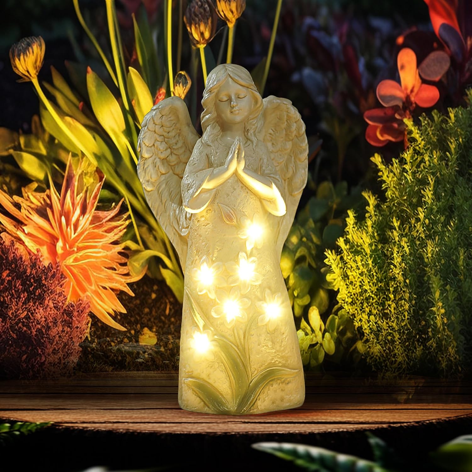 Solar Angel Garden Statue, 9.6 Inch Outdoor Decor with 6 LED Lights | Warm solar glow and a praying angel design for