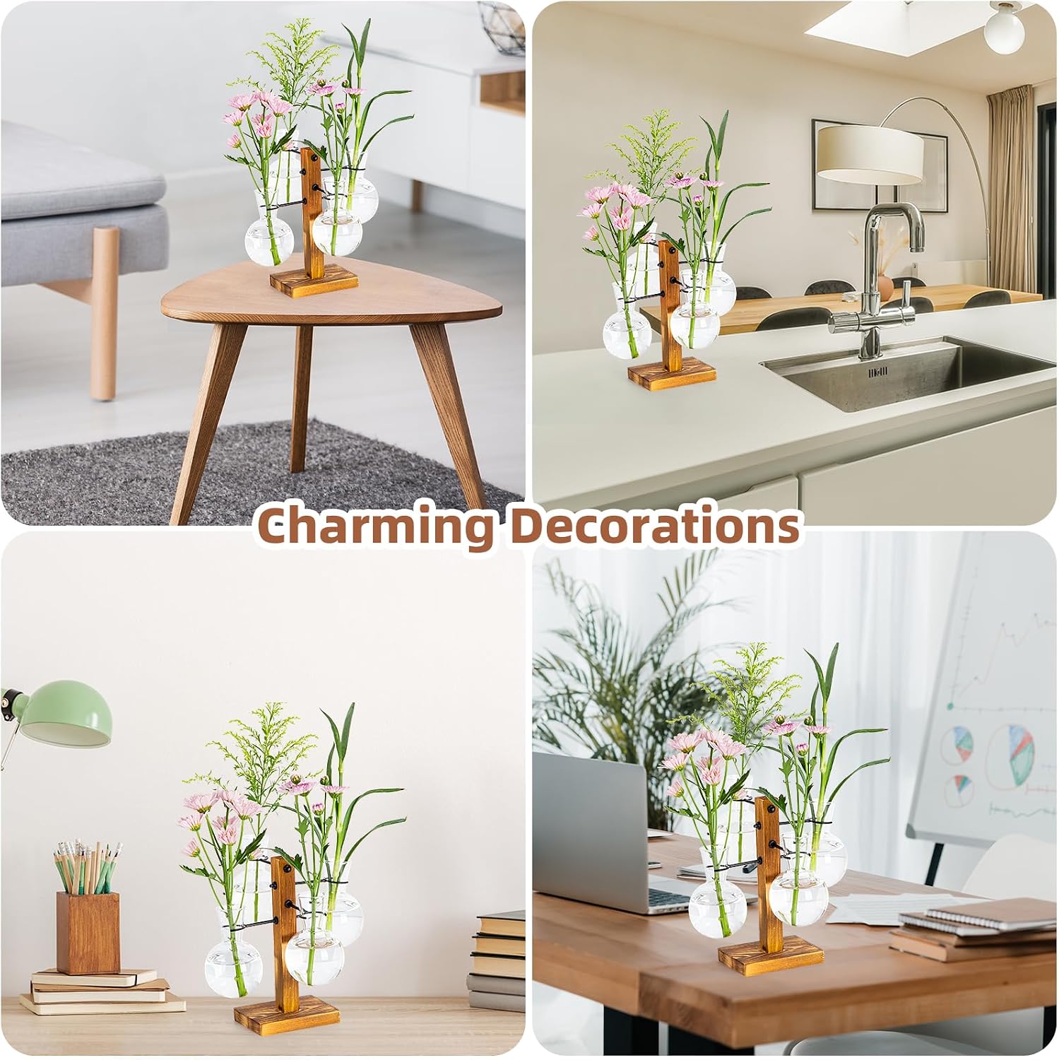 Plant Propagation Station with Wood Stand - 4 Bulb Glass Vases | Propagation Vases for Plants, Terrarium Kit for Home