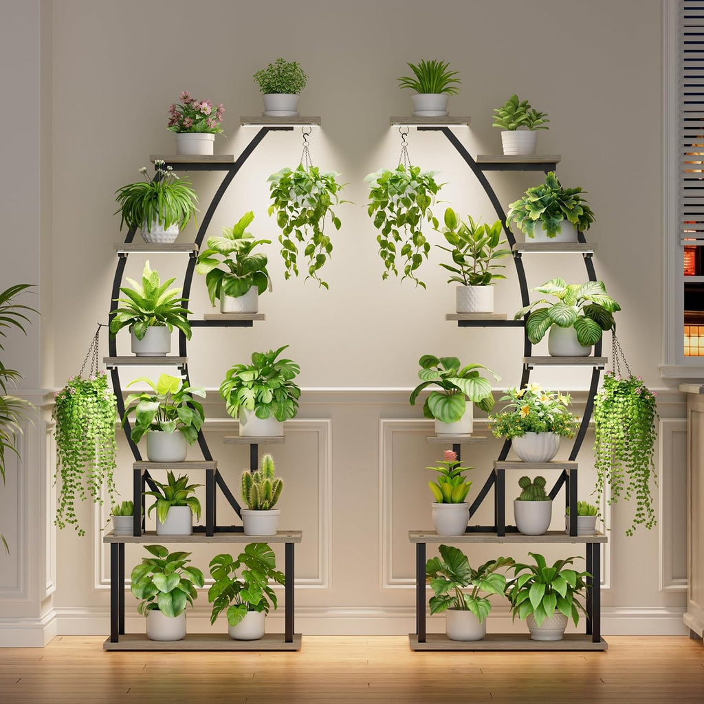 2 Pack Plant Stand Indoor with Grow Lights, 9 Tier Large Tall Plant Shelf | 64" Metal Lighted Plant Stands for Indoor