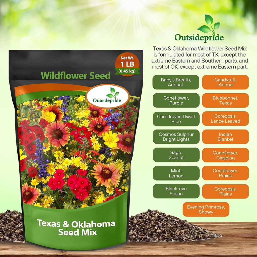 Outsidepride Texas & Oklahoma Wildflower Seed Mix - 1 lb. Drought-Tolerant, Blend of Annual & Perennial Flower Seeds